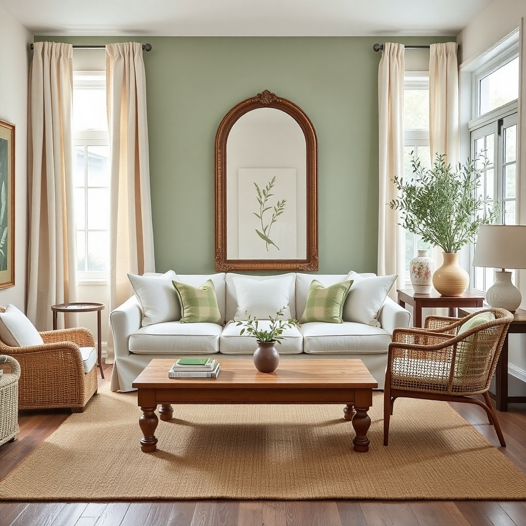 Small living room with one softly painted accent wall behind seating