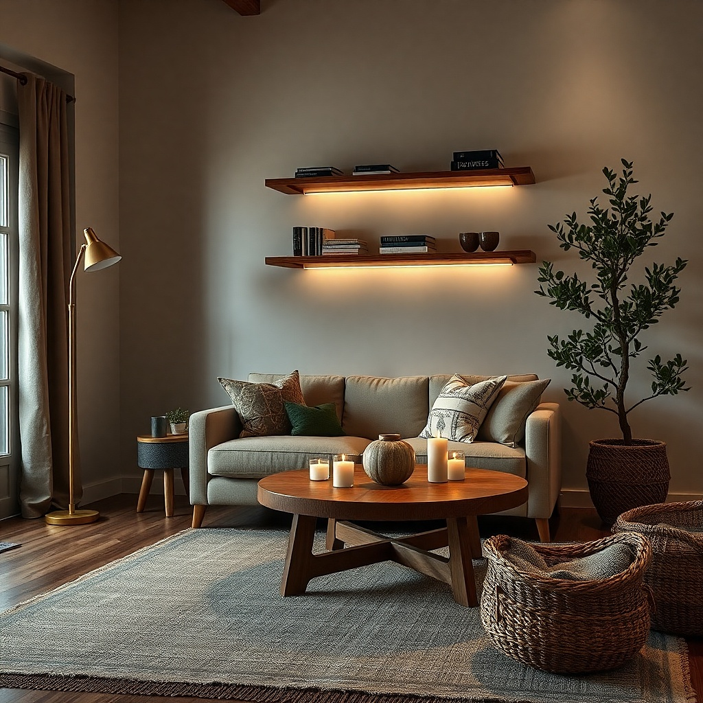 Layered lamps in a small living room with warm light and soft shadows