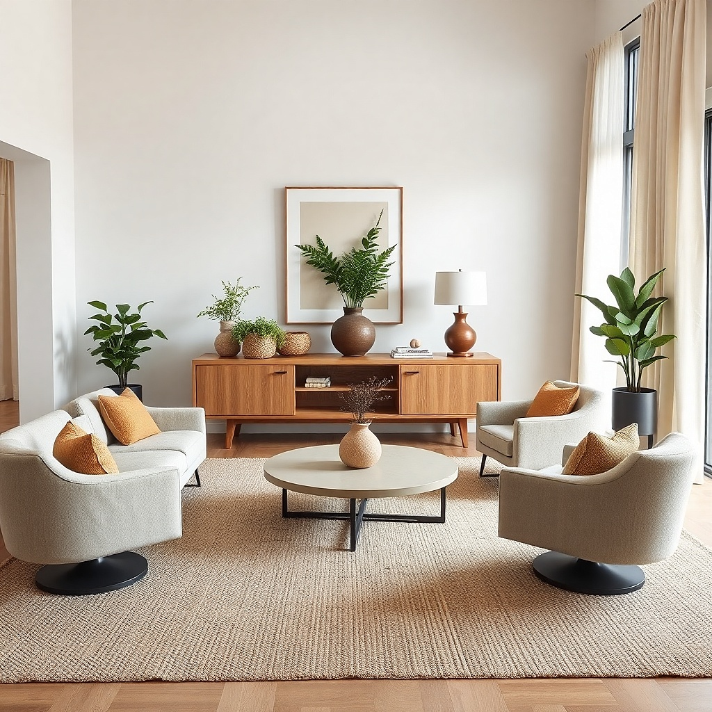 Sectional pulled slightly away from the wall with a light rug and space behind
