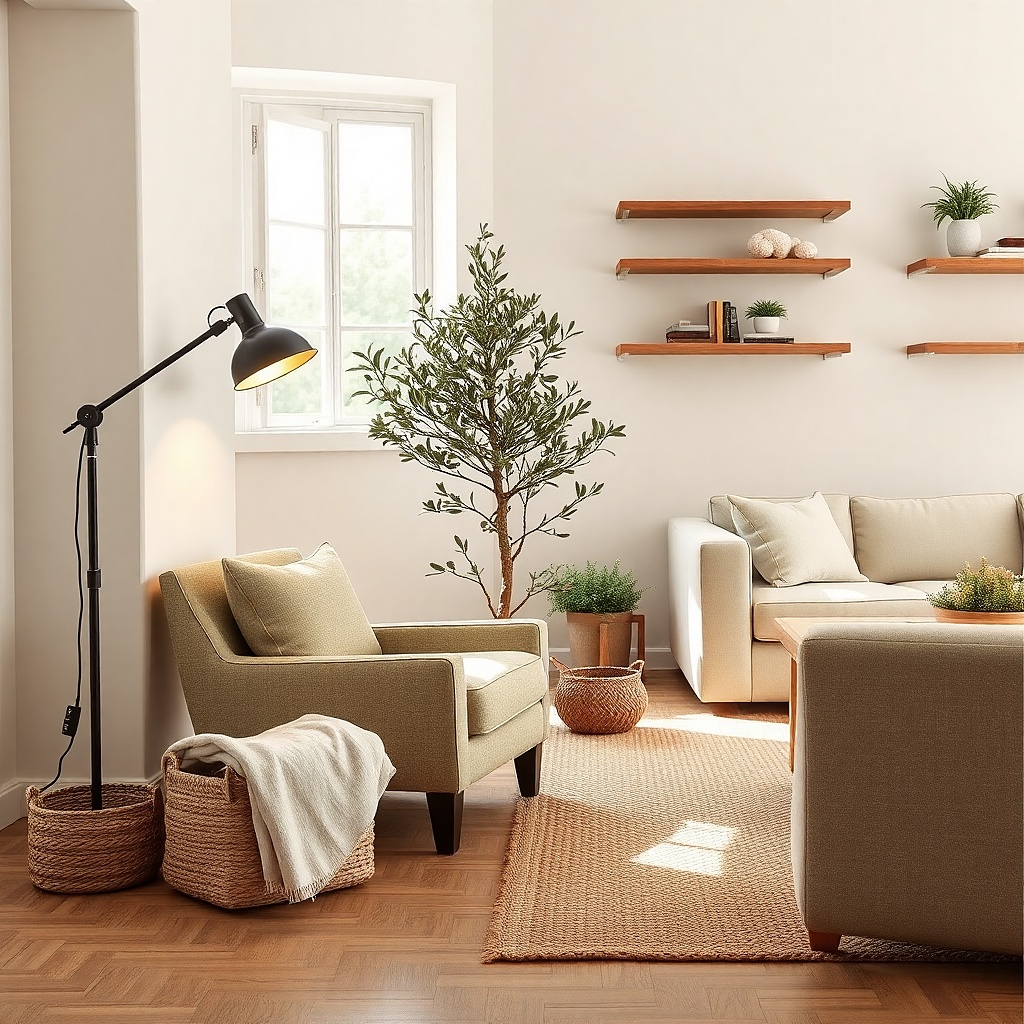 Corner with a tall plant and a low table beside a sofa