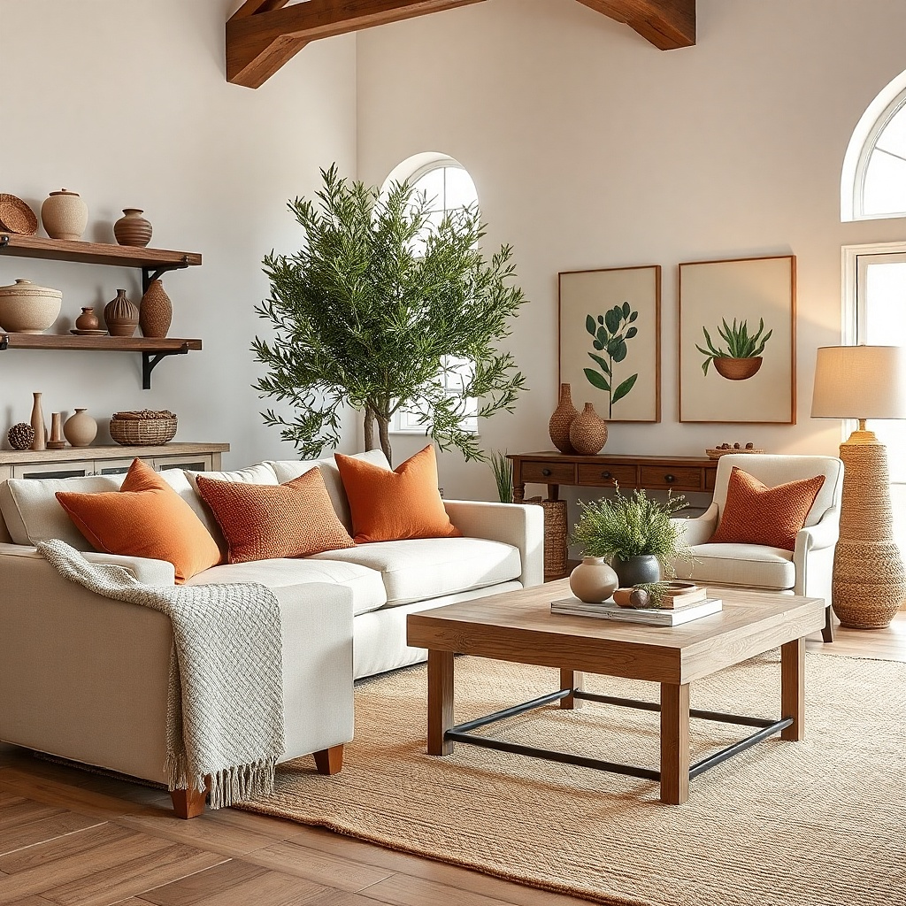 Couch pillows in two tones of one accent color on a light sofa