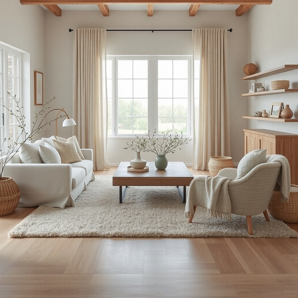 Curtains and rug in similar light neutral tones for a cohesive look
