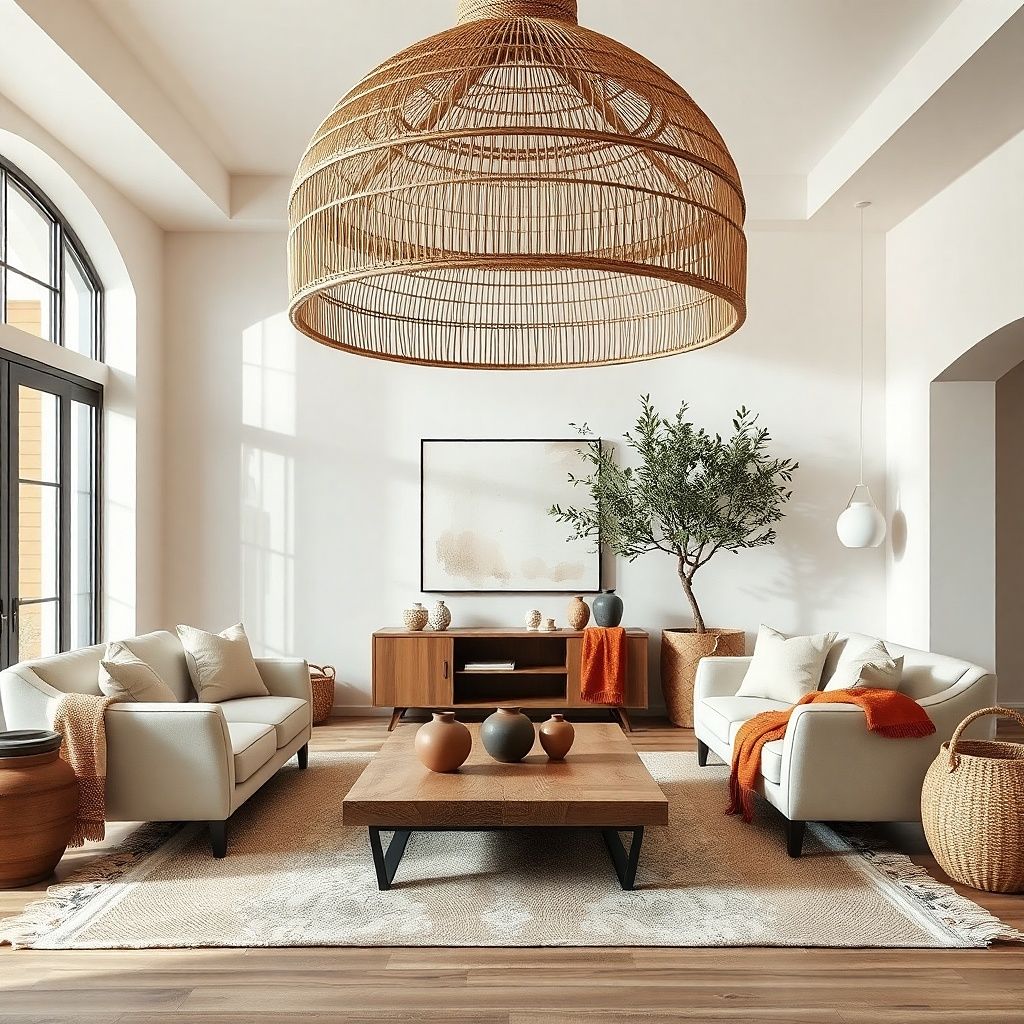 Small living room with a simple pendant light centered over seating
