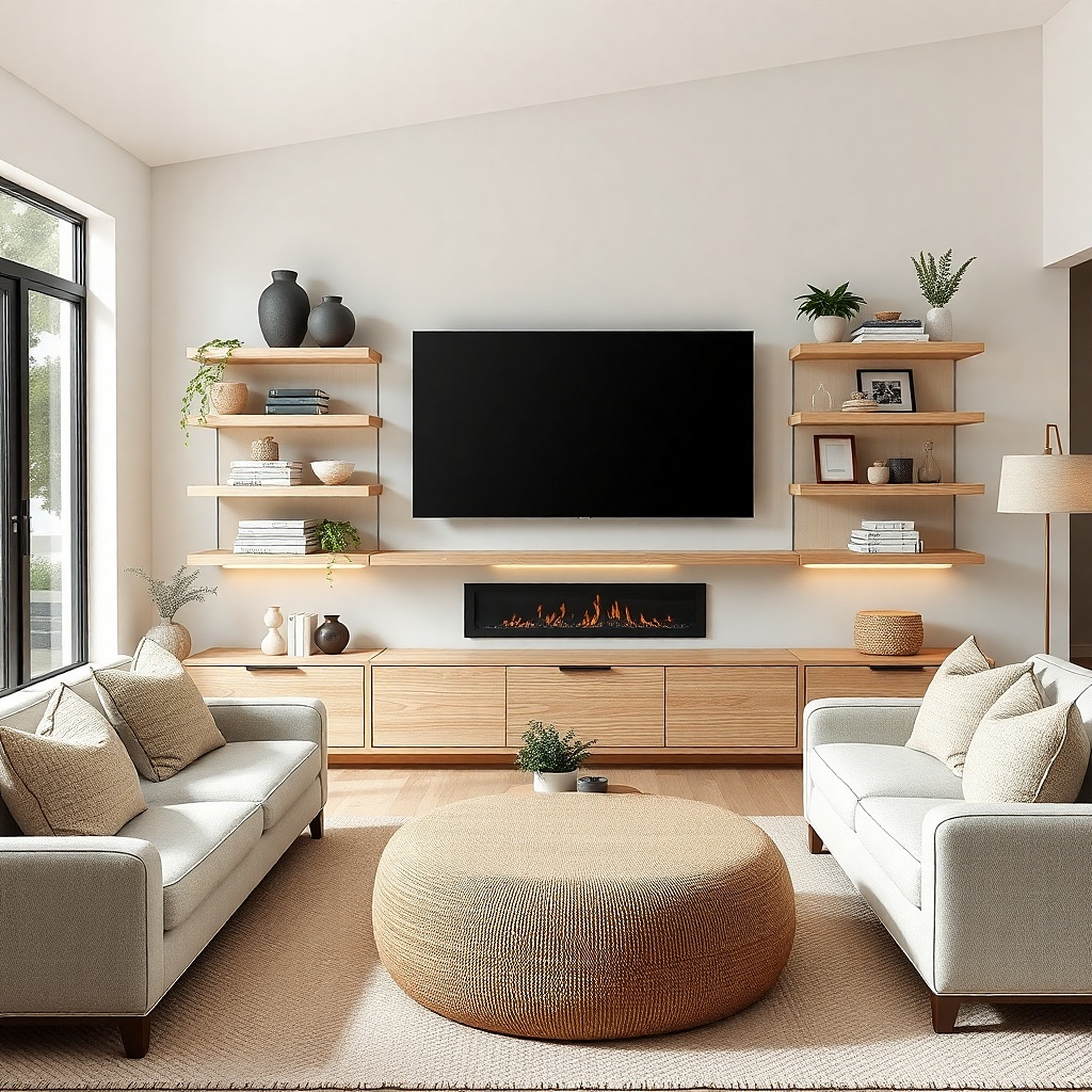 TV mounted with slim open shelves and minimal decor in a small living room