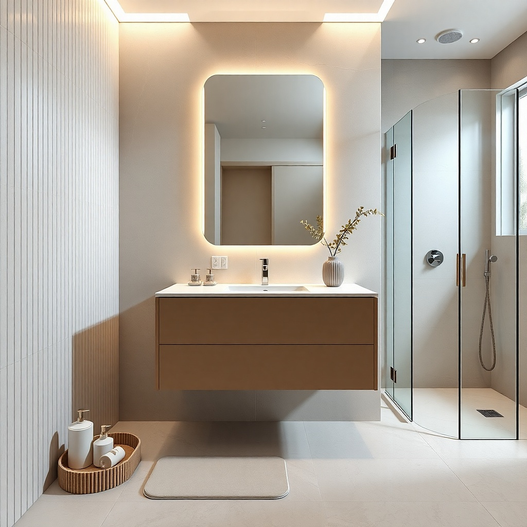Light floating vanity with a bright white quartz countertop and clean drawers