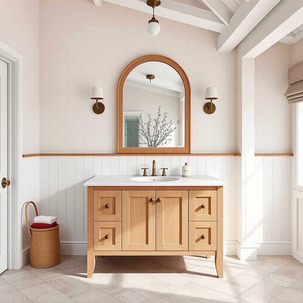 Light oak vanity on legs with visible floor space beneath and a simple countertop