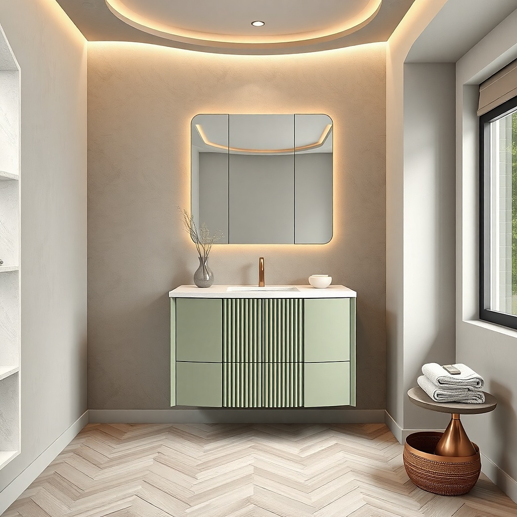 Corner vanity with a triangular countertop and one set of drawers