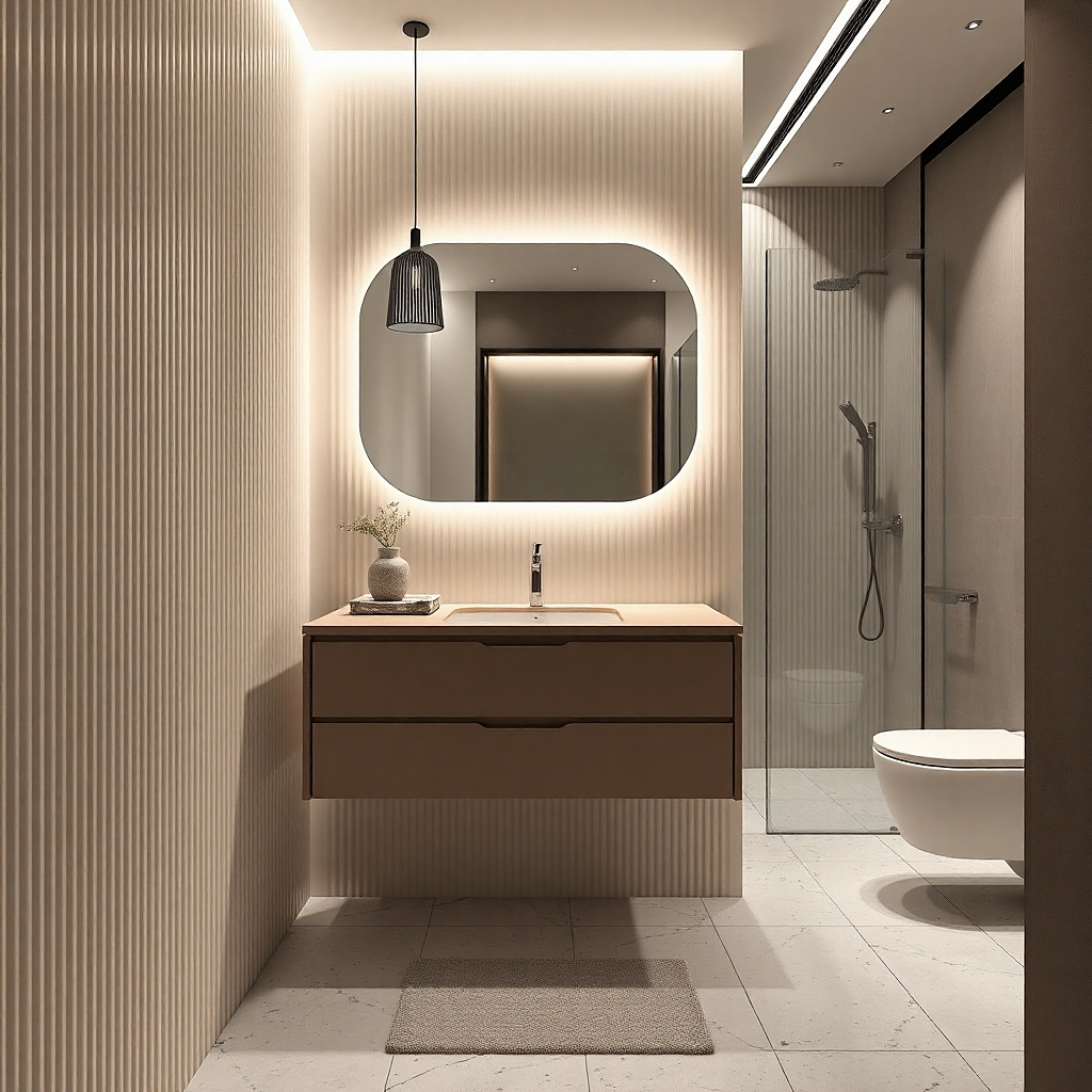 Narrow shallow vanity with an undermount sink and a light countertop