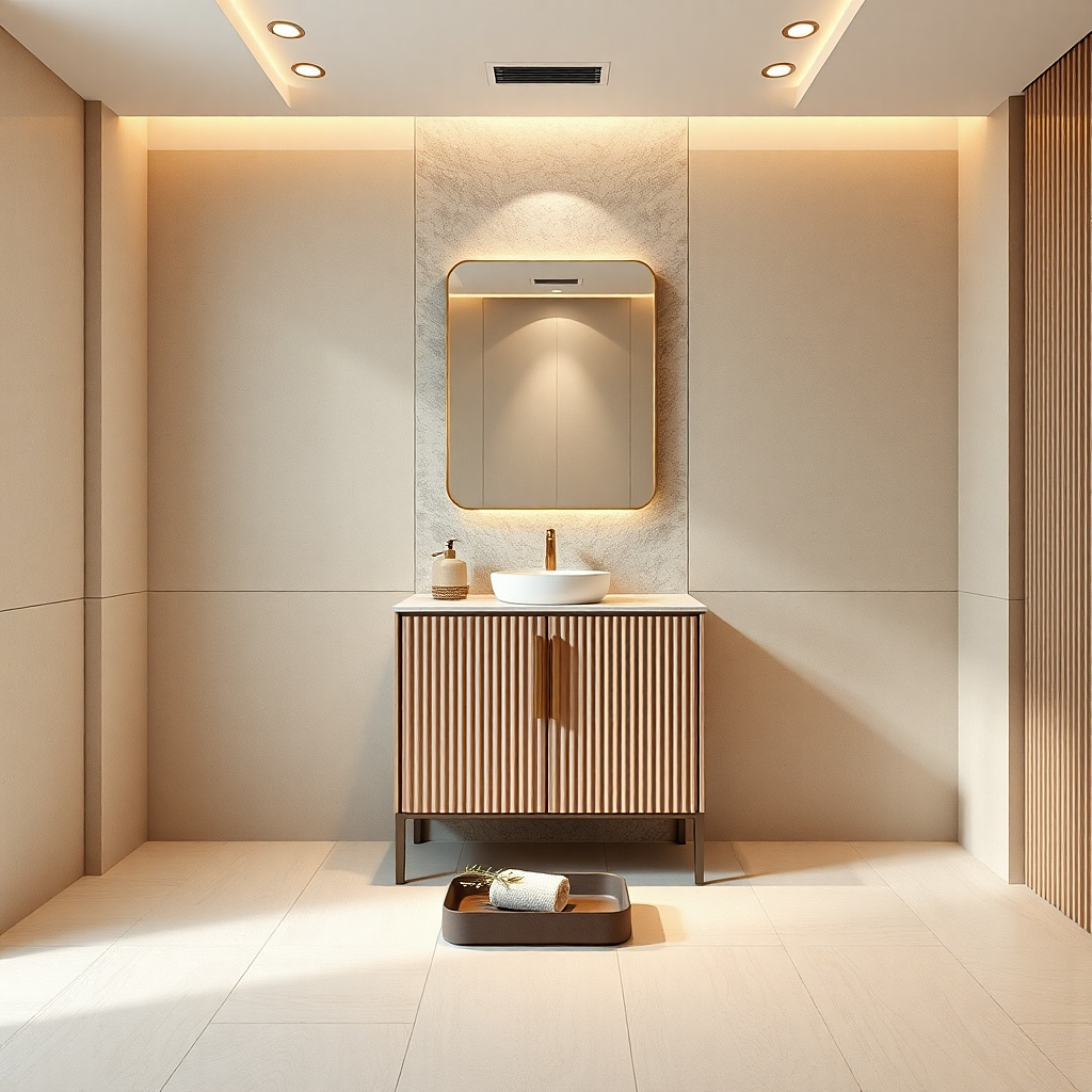 Small vanity with vertical panel cabinet doors and a clean countertop