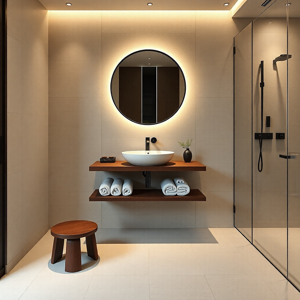 Wall-mounted vanity with a hidden cabinet and a small floating shelf below