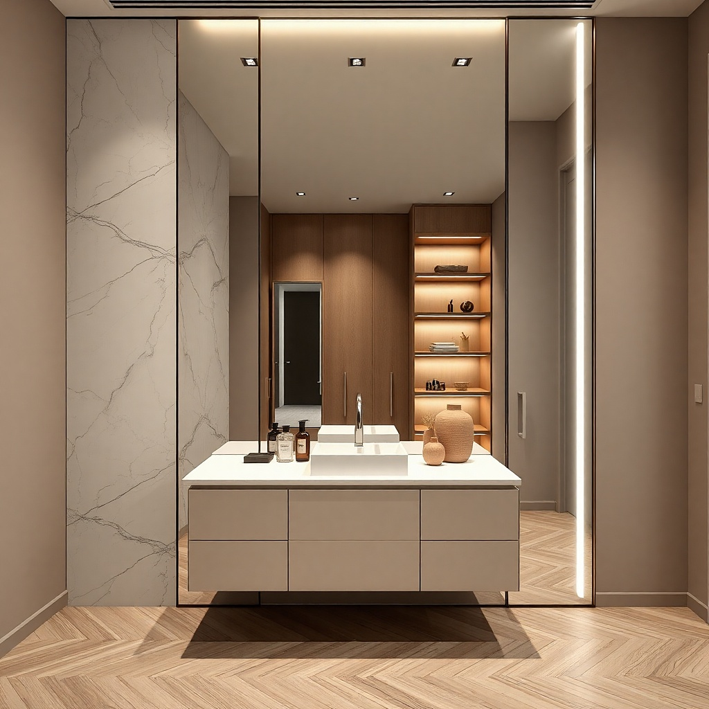 Slim vanity with a tall mirror cabinet above the sink