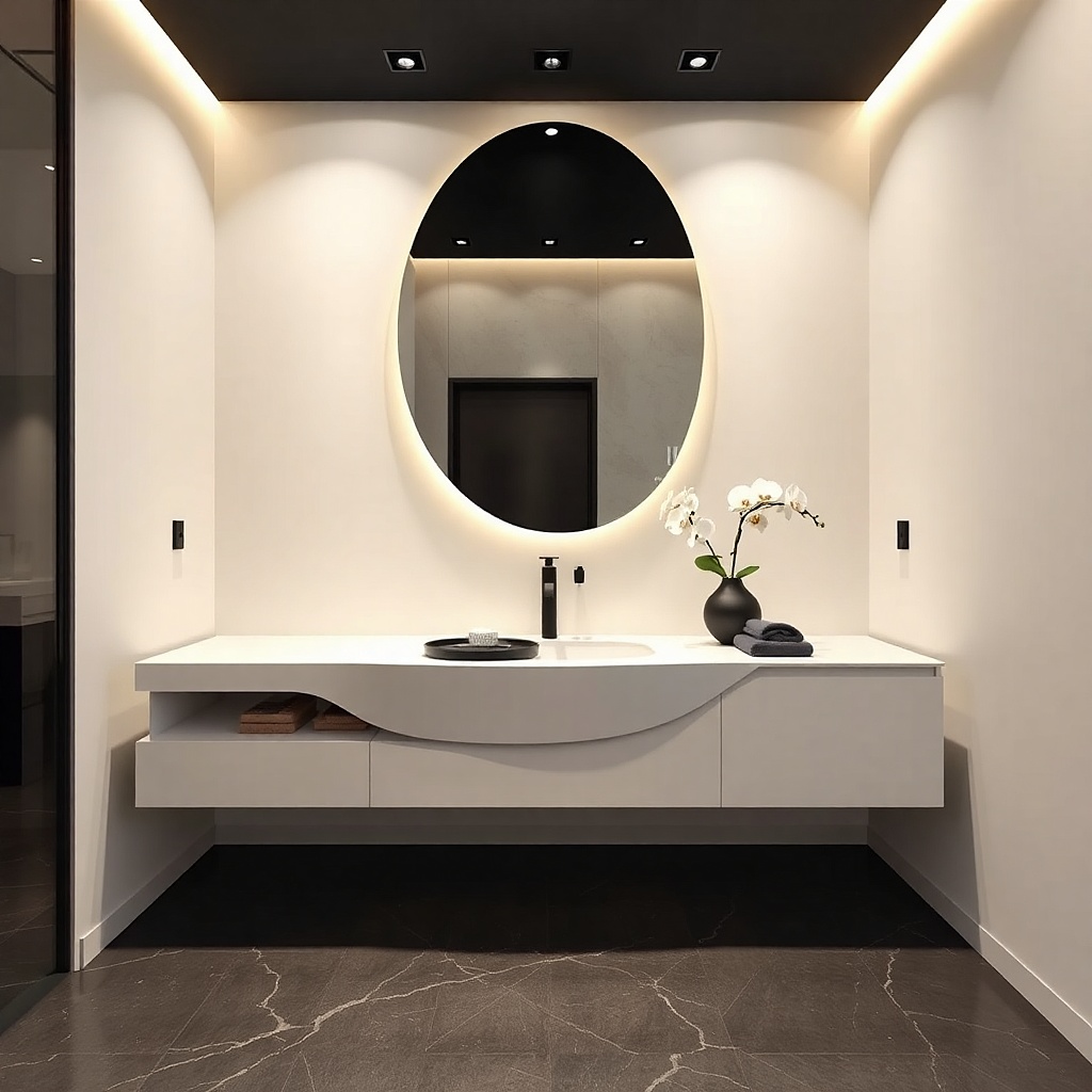 Light vanity with matte black faucet and glossy backsplash behind the sink