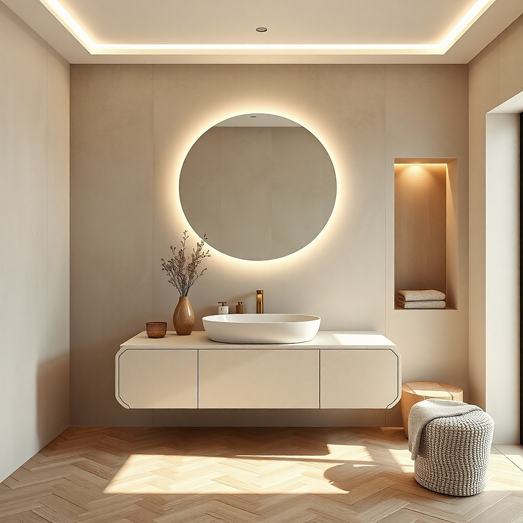 Linen-textured vanity front with light stone countertop and simple mirror