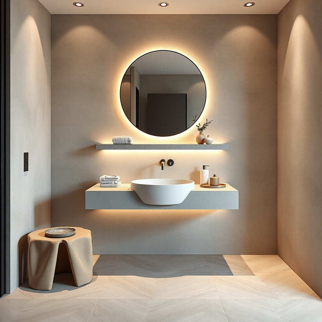 Light grey vanity with waterfall-edge countertop and round mirror above