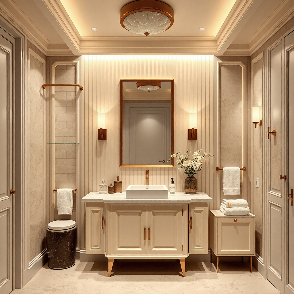 Warm white vanity with brass towel bar and vertical stripe tile backsplash