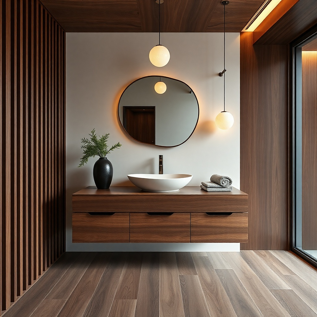 Dark wood vanity with light drawer interior and glossy white countertop