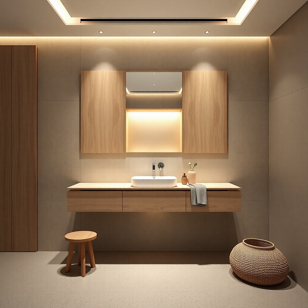 Narrow white vanity with a mirrored cabinet above and hidden storage doors
