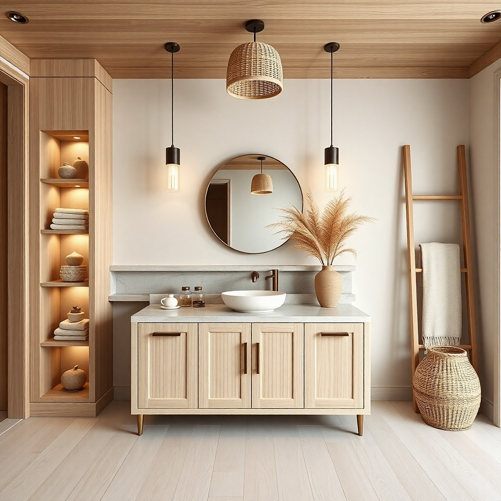Vanity with closed drawers plus open shelf side and matching ladder towel rack