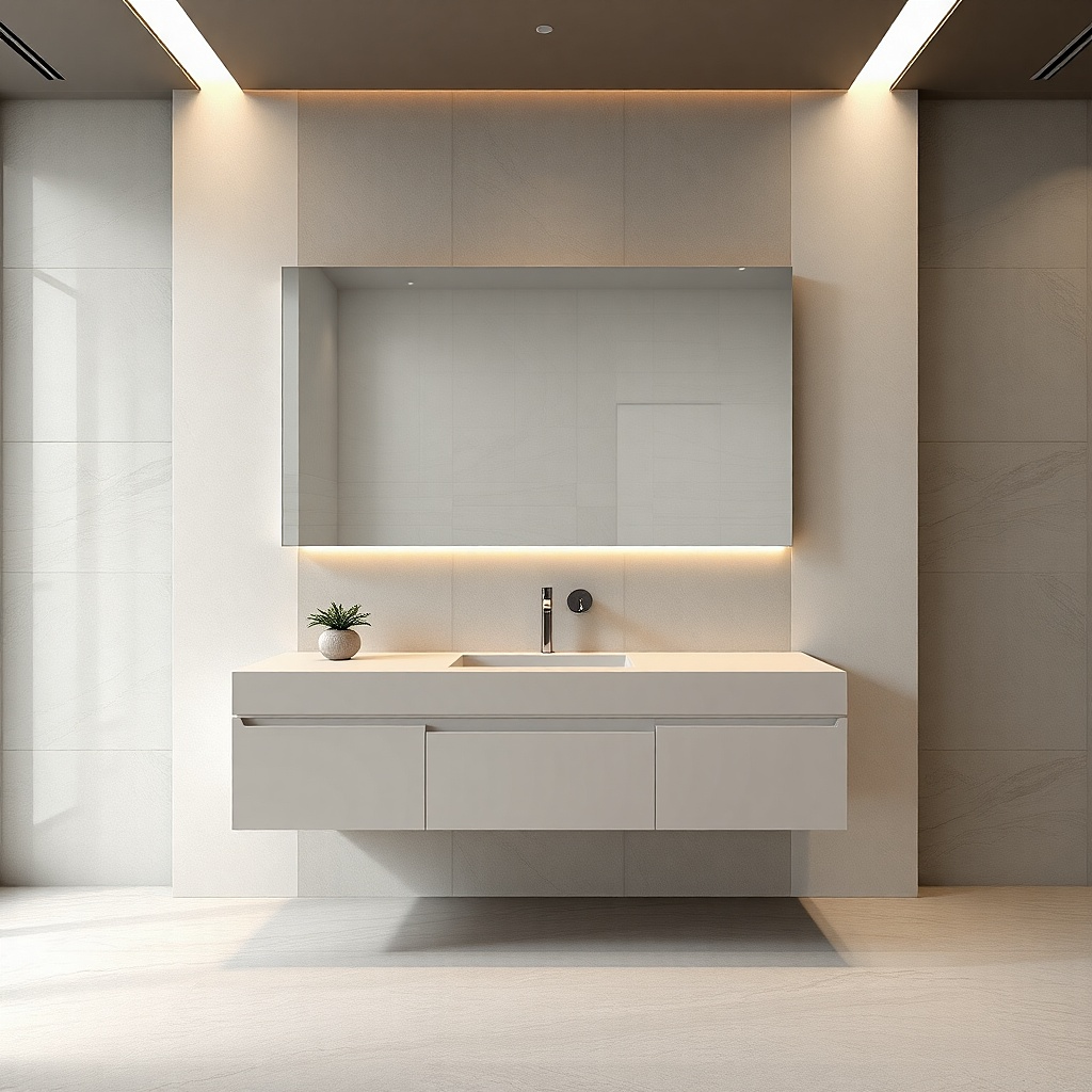 Slim 30-inch vanity with centered drawer stack and large frameless mirror