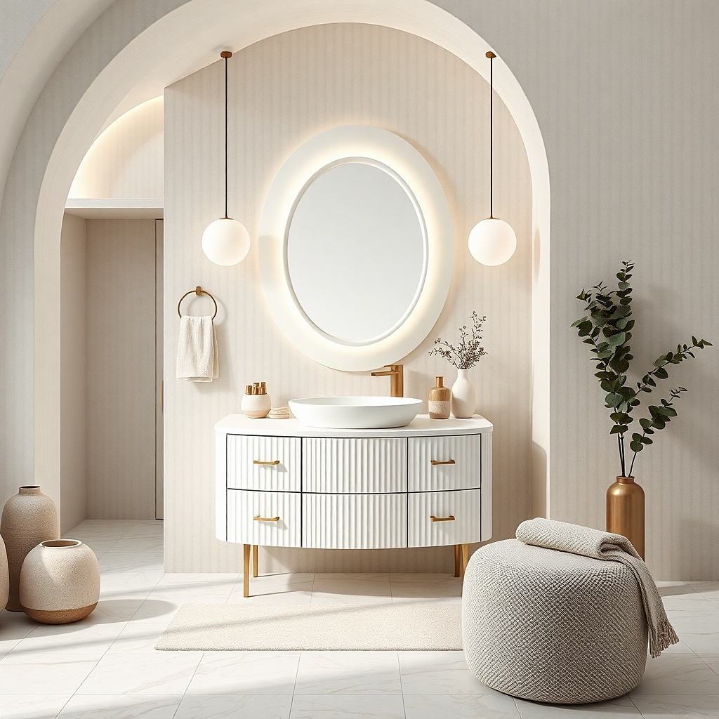Matte white vanity with rounded corners and a low backsplash