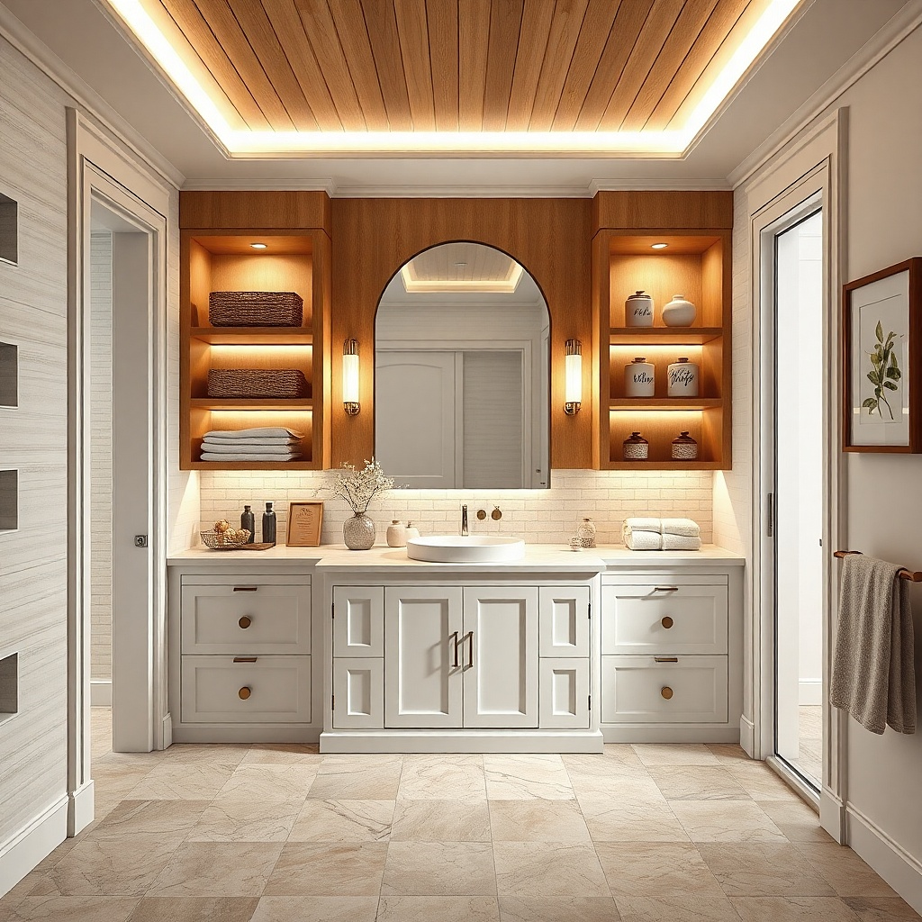White vanity with tall side niche and a hidden hamper pull-out