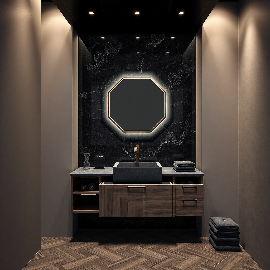 Compact vanity with pull-out tray inside and a clean light countertop