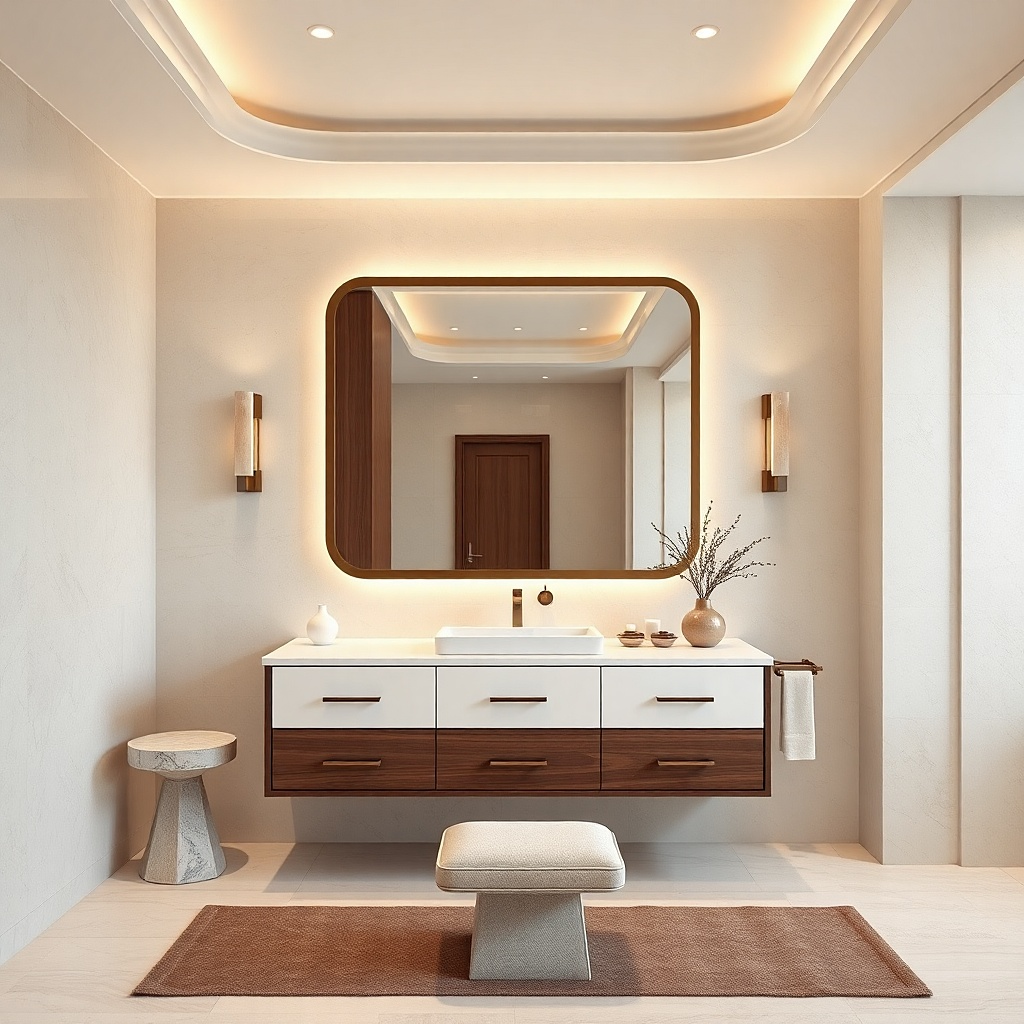 Two-tone small vanity with light drawer fronts and a darker base panel