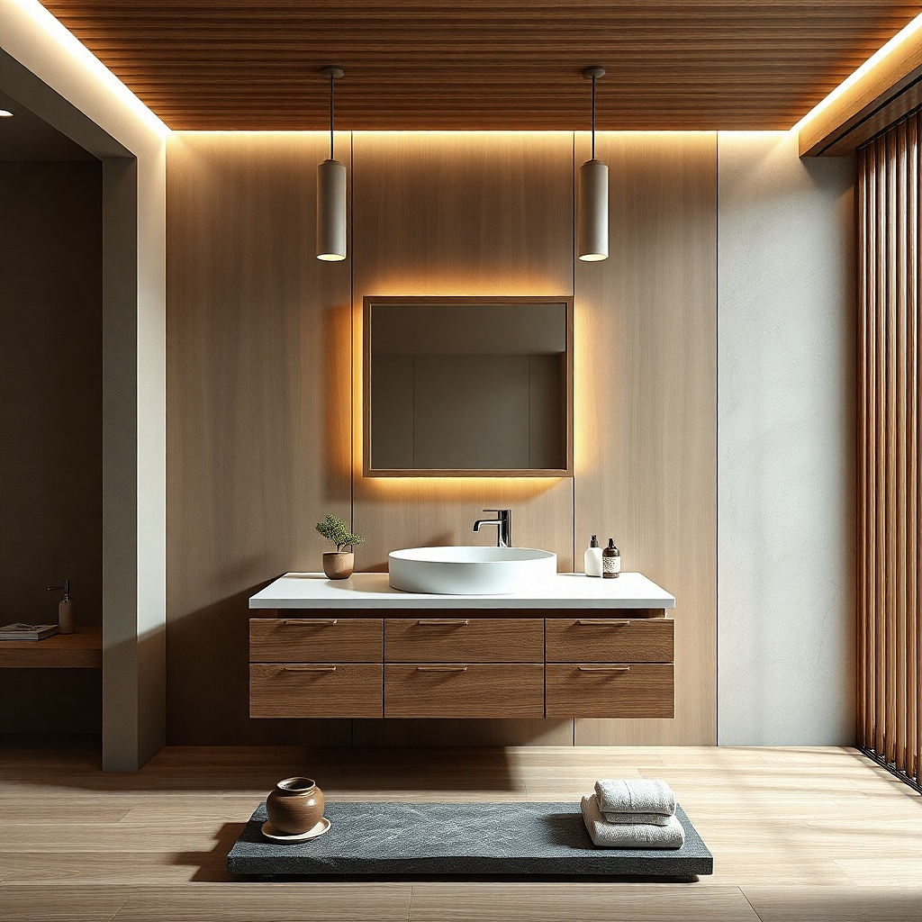 Compact vanity with a flip-down panel revealing side storage
