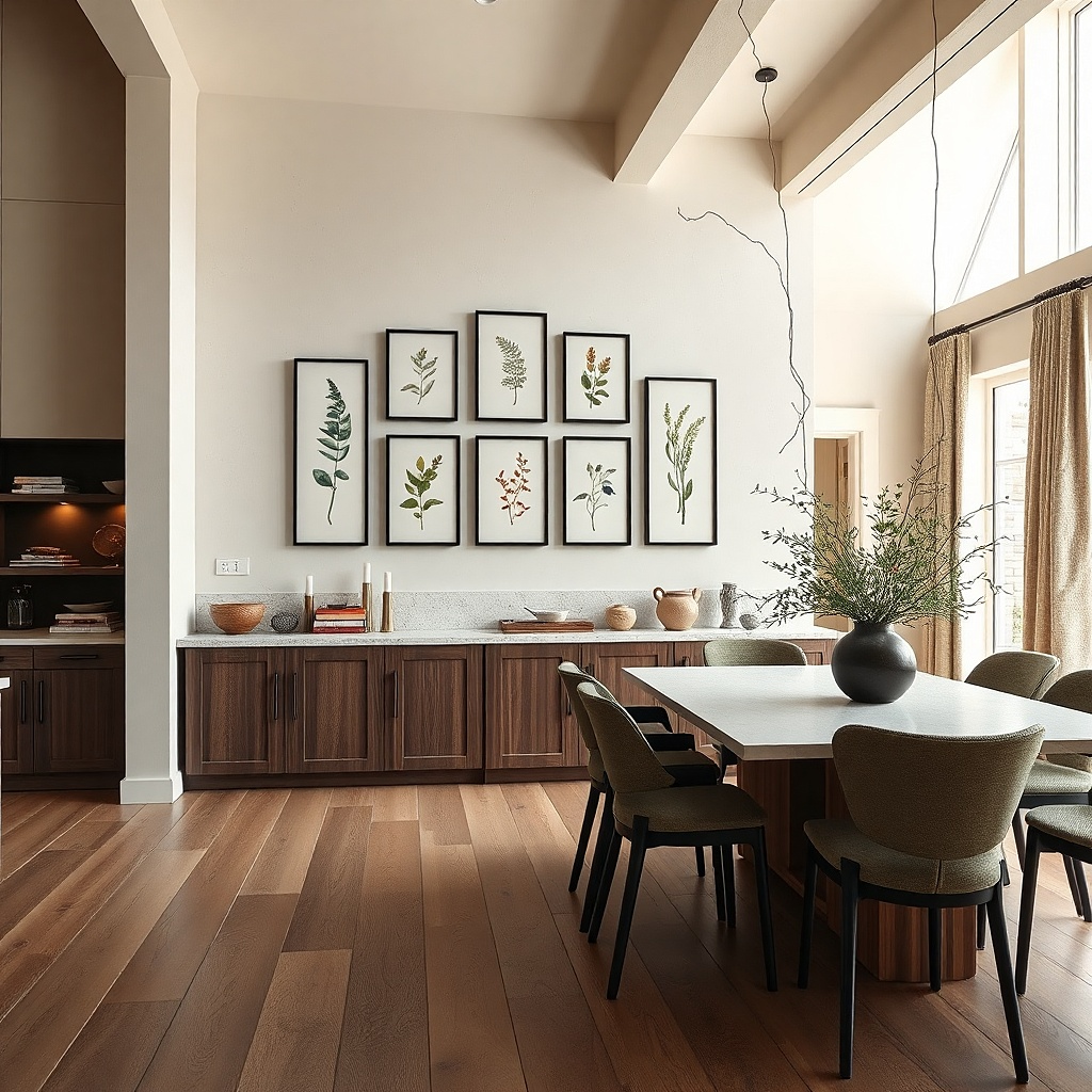 Six black frames with botanical prints on a cream kitchen wall
