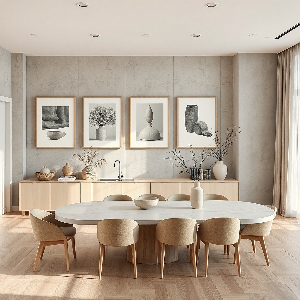 Seven frames with white mats and soft beige linen-style prints