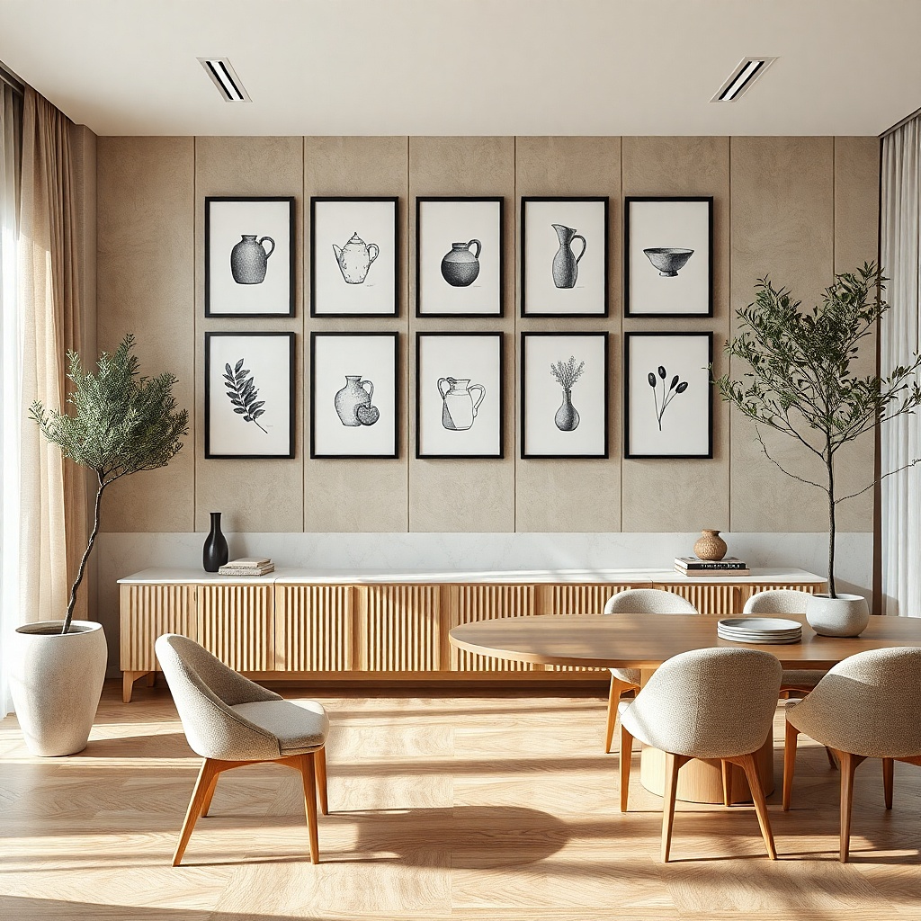 Twelve evenly spaced frames with minimalist black-and-white kitchen art