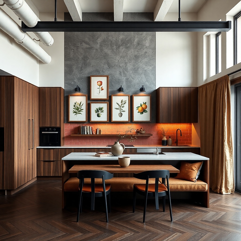 Five frames arranged vertically above a narrow dining table