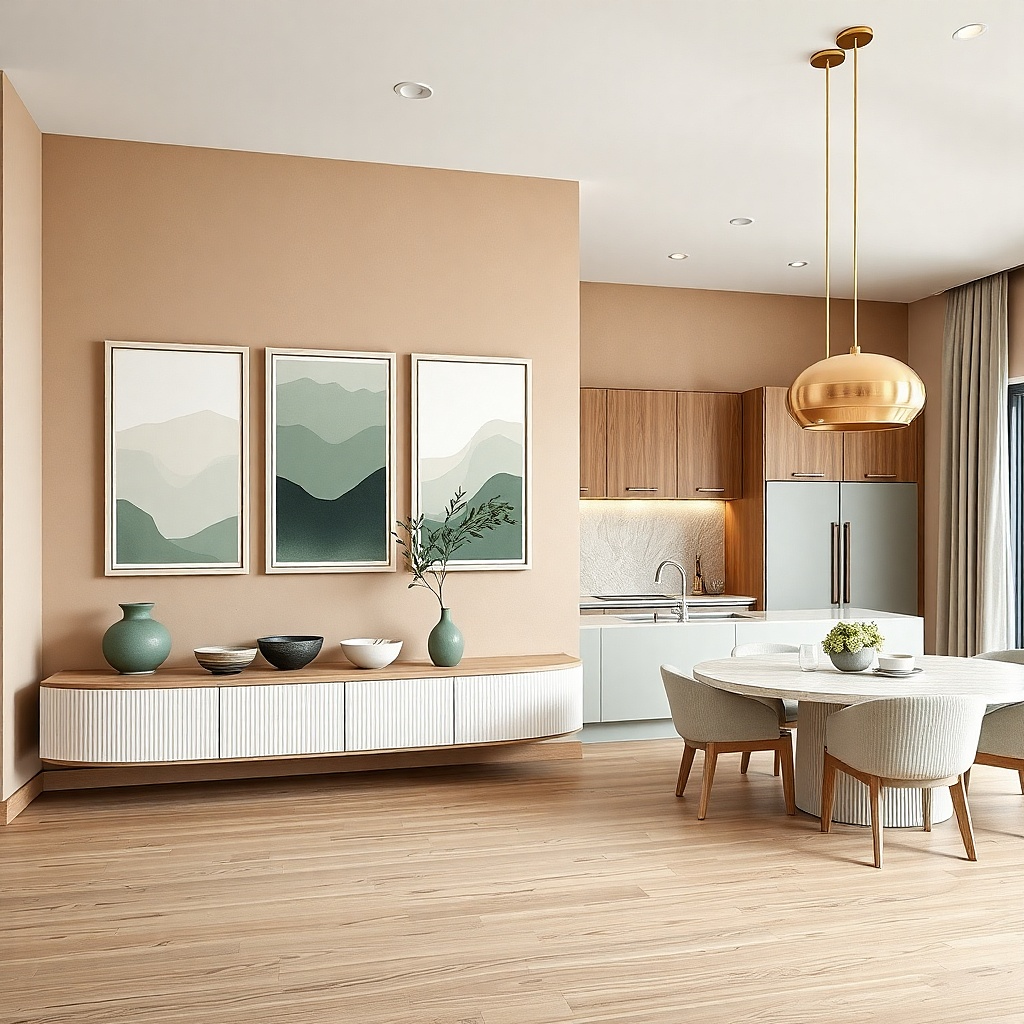 Four frames with sage, cream, and muted clay mats with kitchen illustrations
