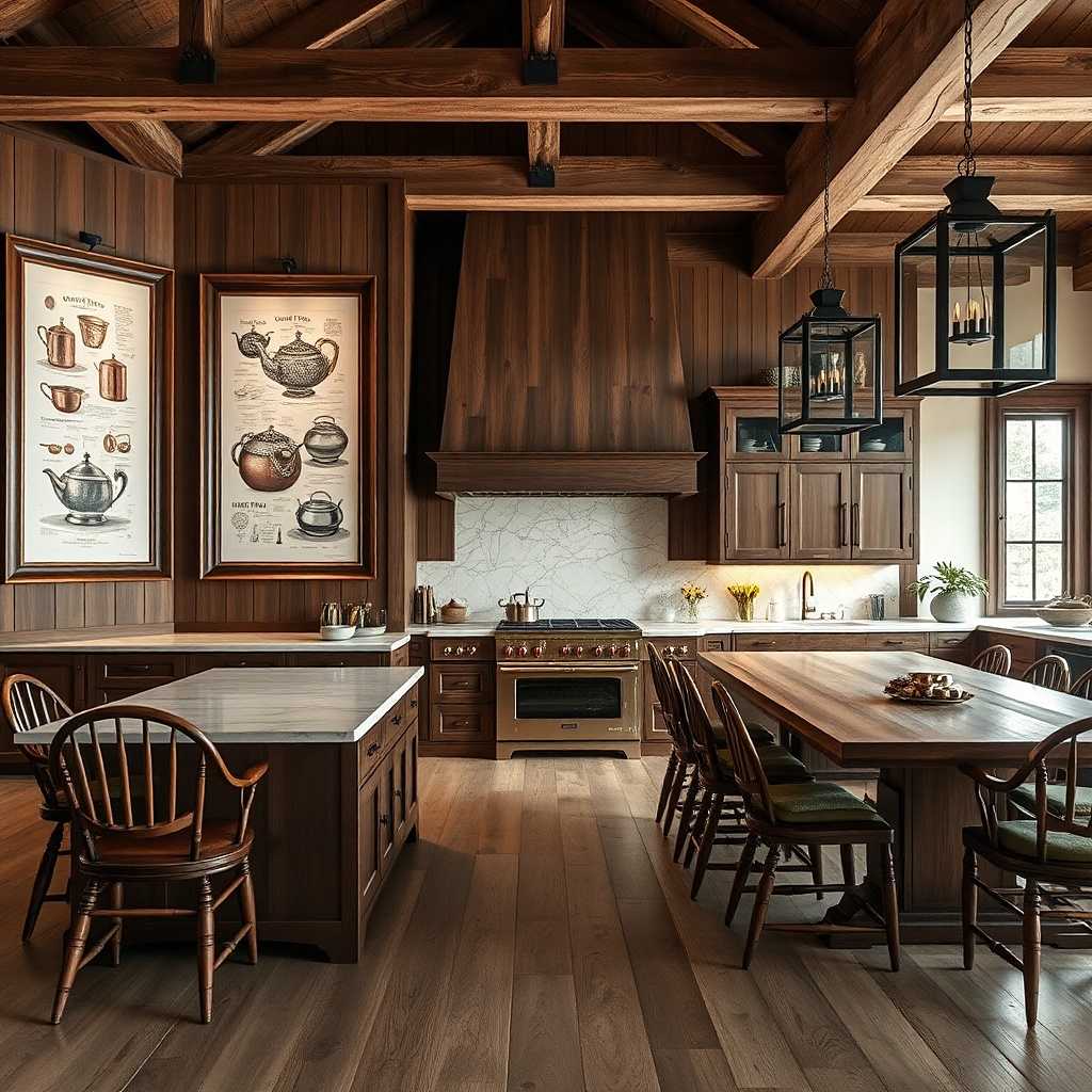 Three large frames with vintage cookware illustrations in dark wood