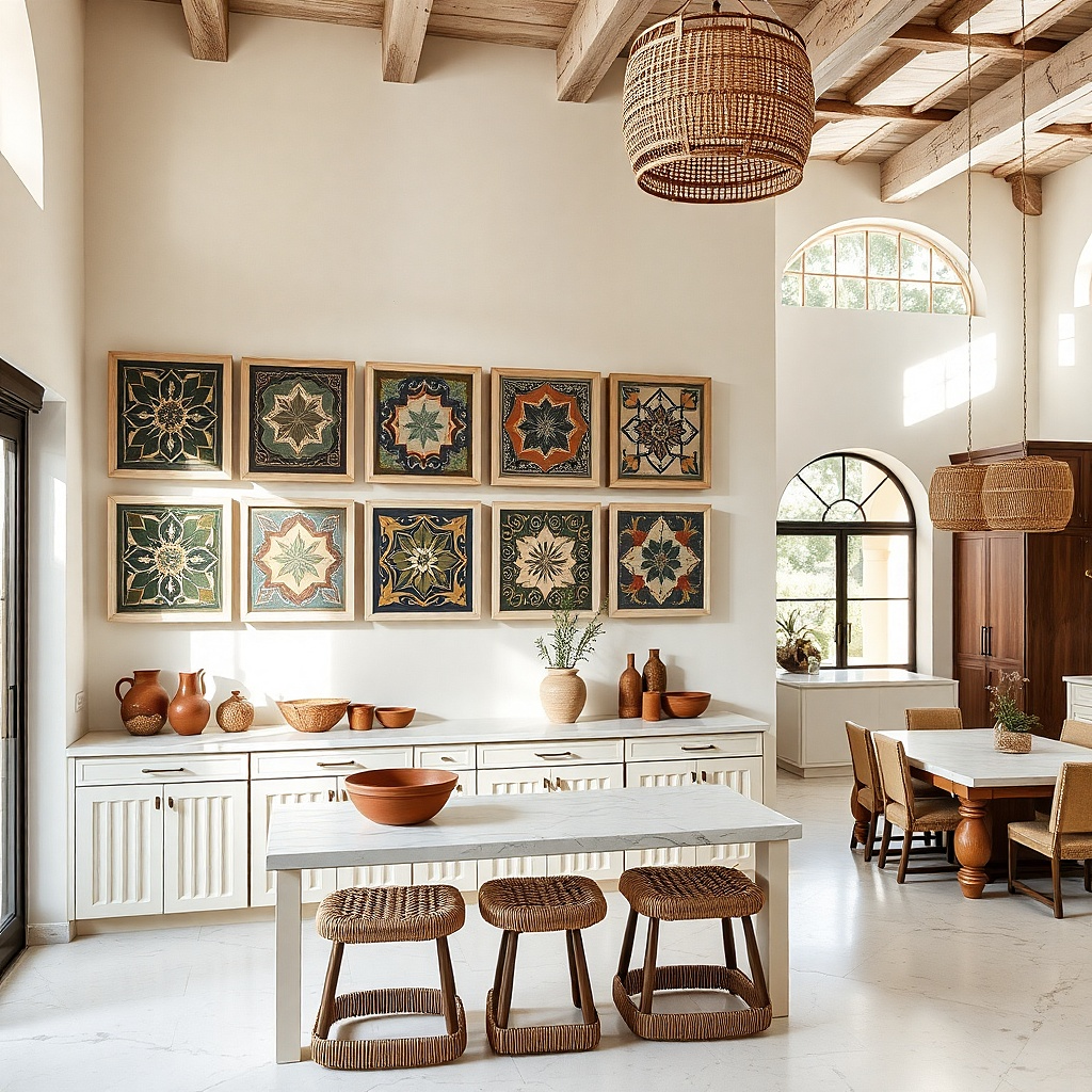 Six white-framed prints with tile-like patterns in gray and blue