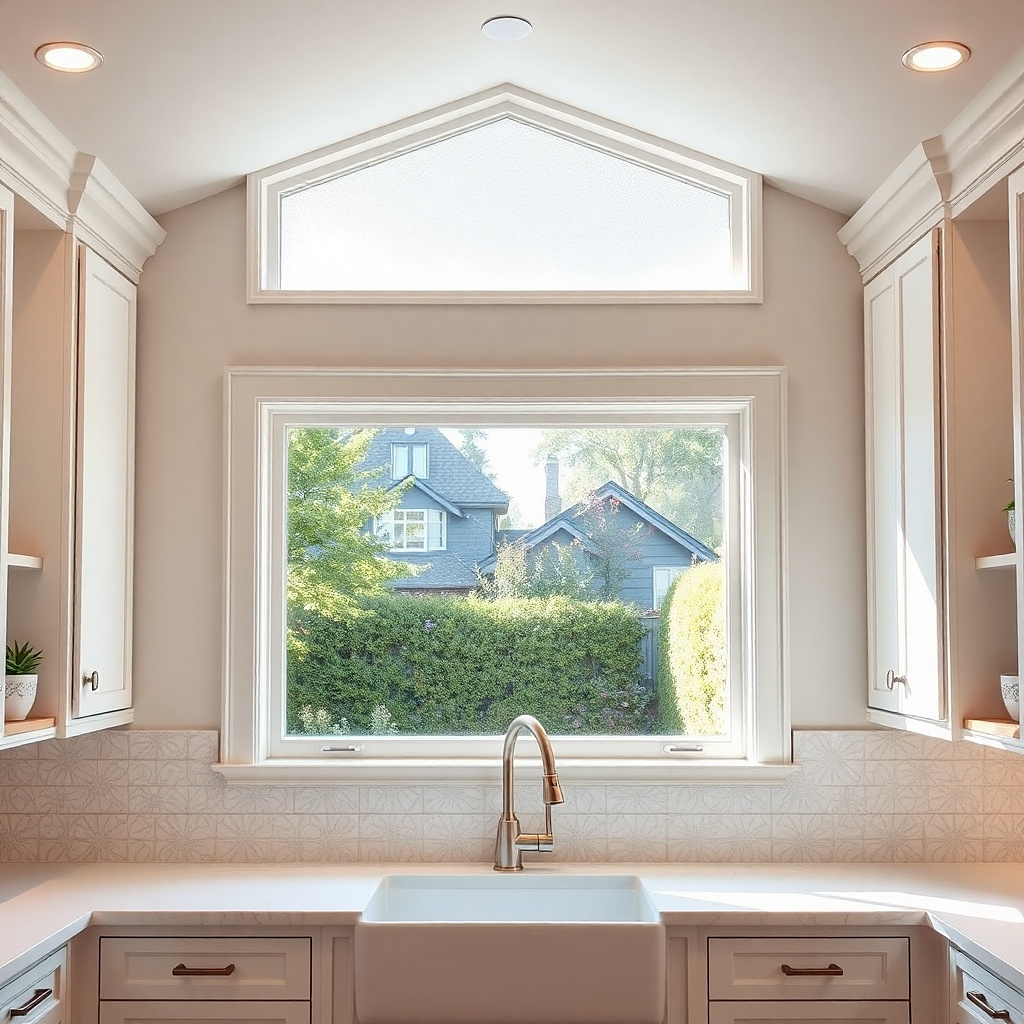 Small frosted transom window above a kitchen sink with white trim