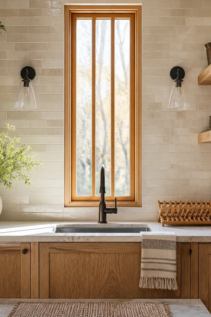 Narrow vertical window with mullions above a kitchen sink