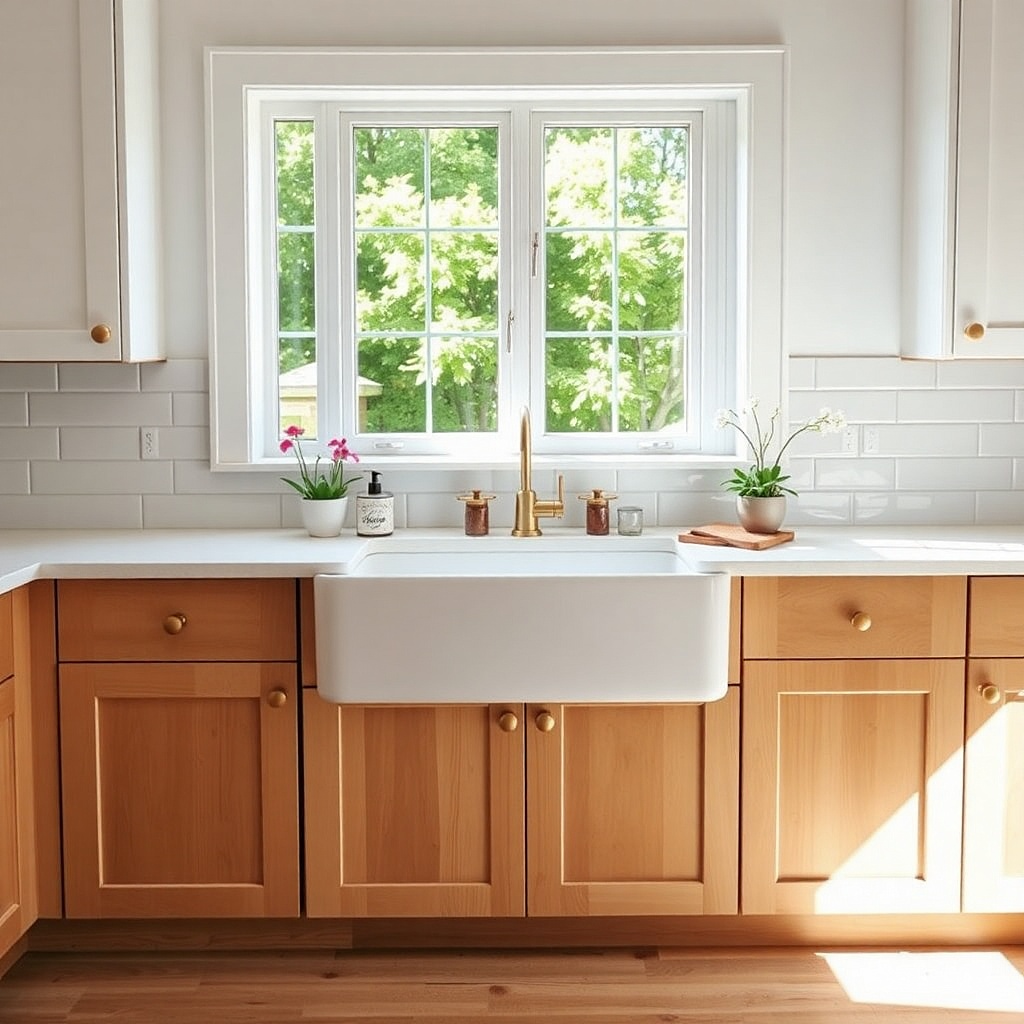 Window over kitchen sink with a thick apron sill and farmhouse trim