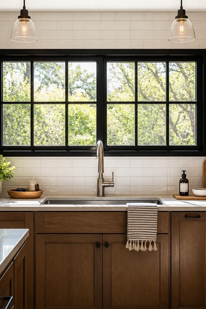 Black-framed wide window over kitchen sink with bright backsplash