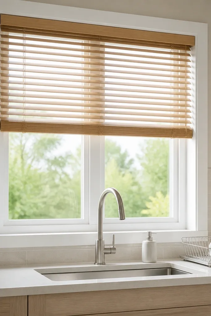 Wood slat blind over a kitchen sink window with light trim