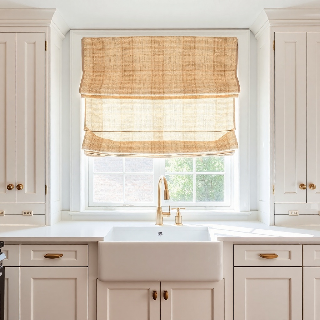 Folded roman shade above kitchen sink window in light fabric