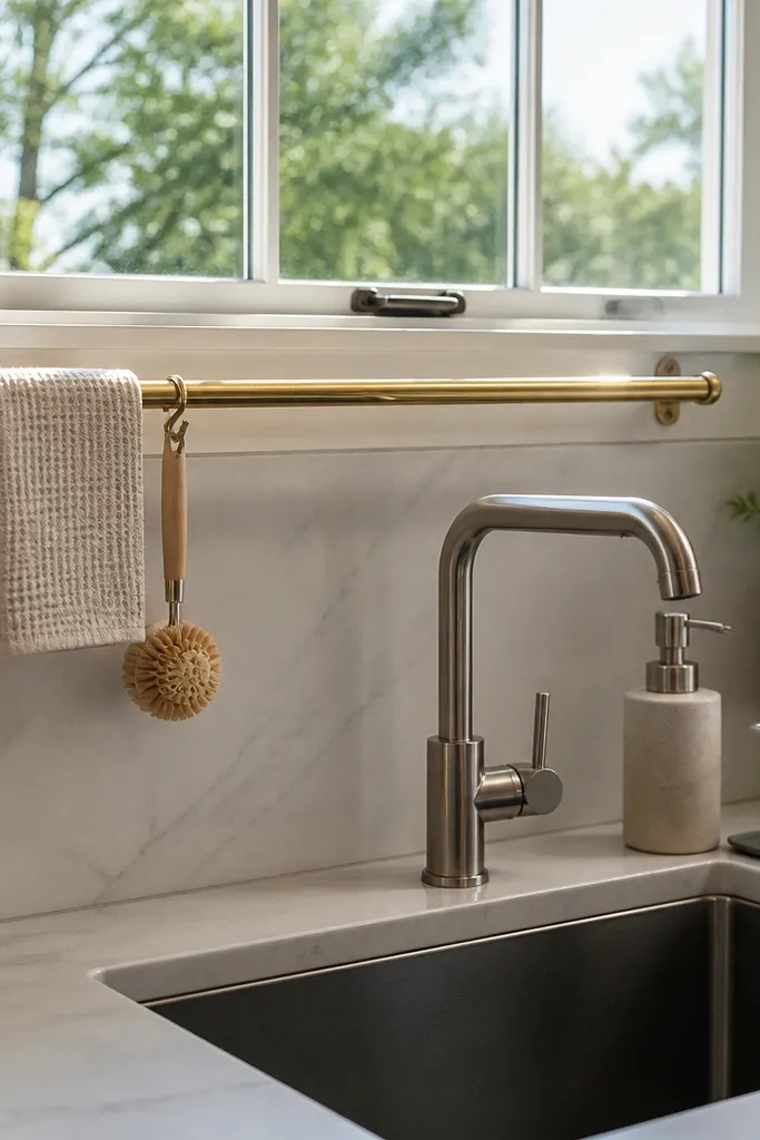 Satin brass rail under a kitchen sink window with clean white trim