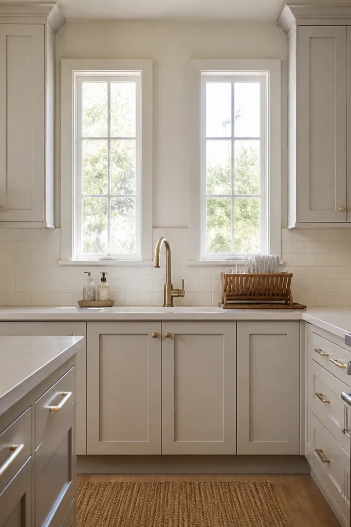 Two narrow windows over kitchen sink with light backsplash