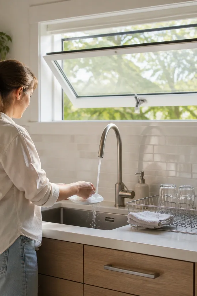 Casement window above sink that opens outward with clean trim