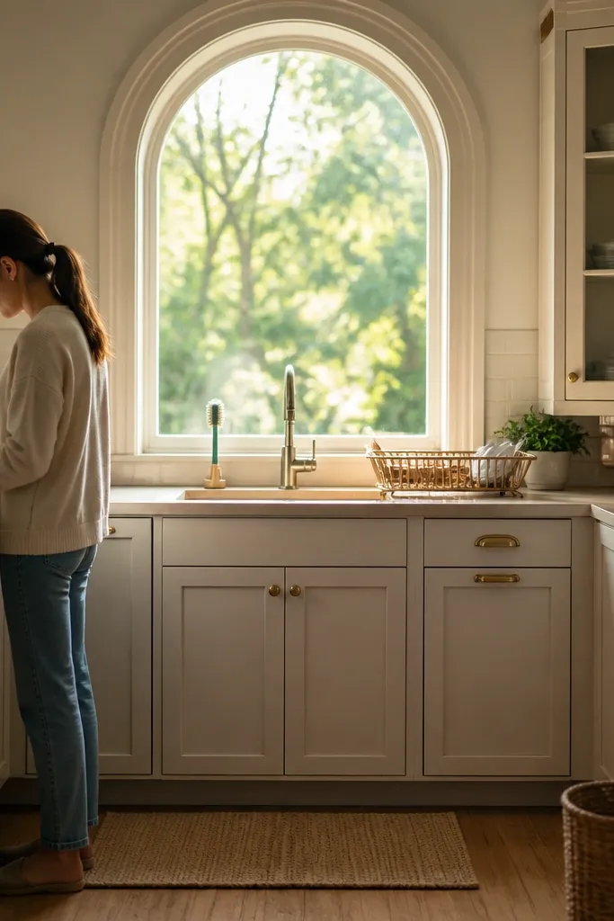 Small arched-top window over kitchen sink with white trim