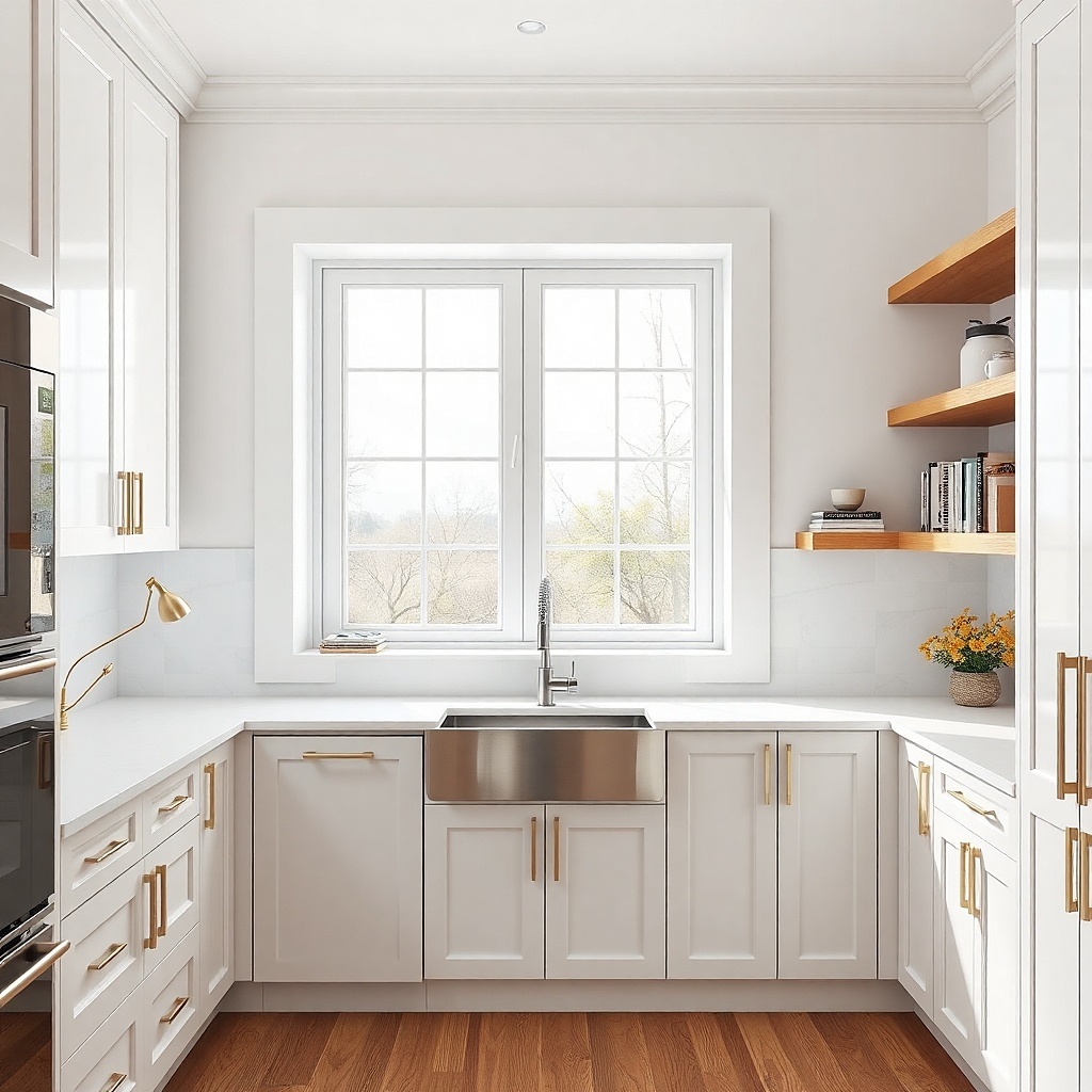 Kitchen sink window with slim shelf under the sill for drying items