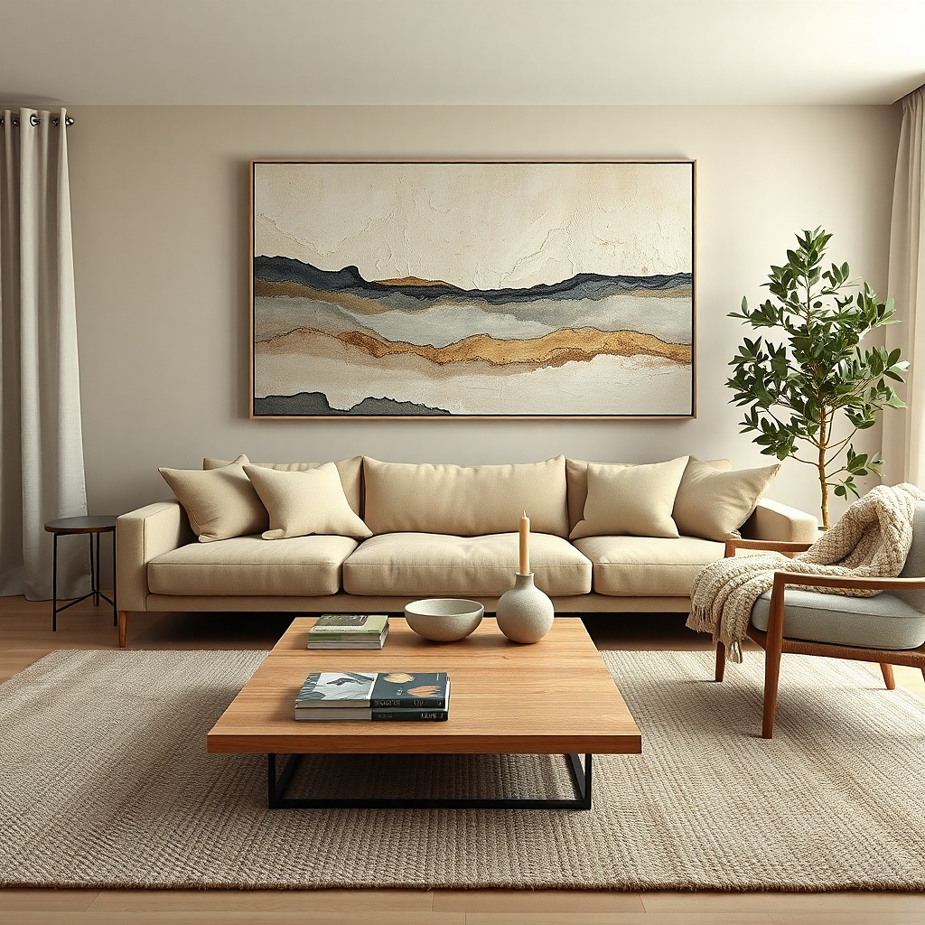 Large framed linen-texture print above a sofa