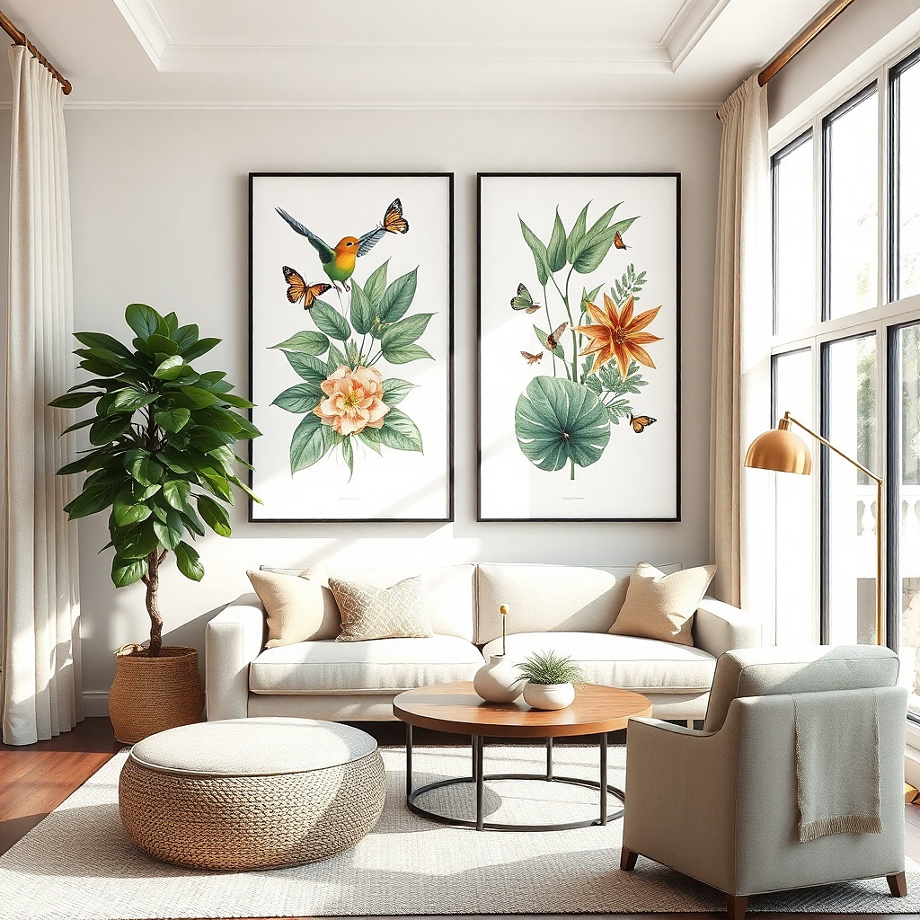 Two tall botanical prints stacked vertically on a wall