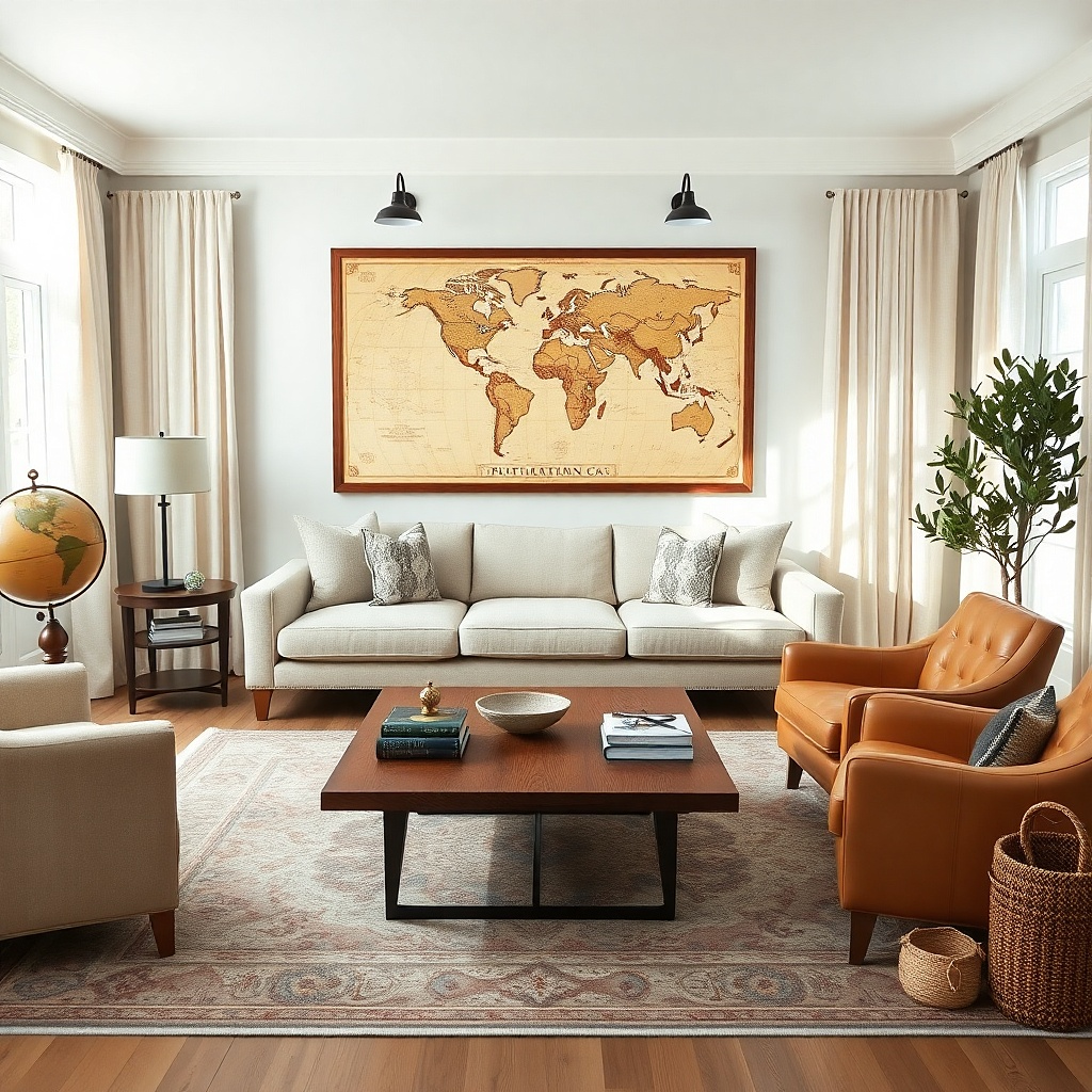Large vintage-style map framed in warm wood tones