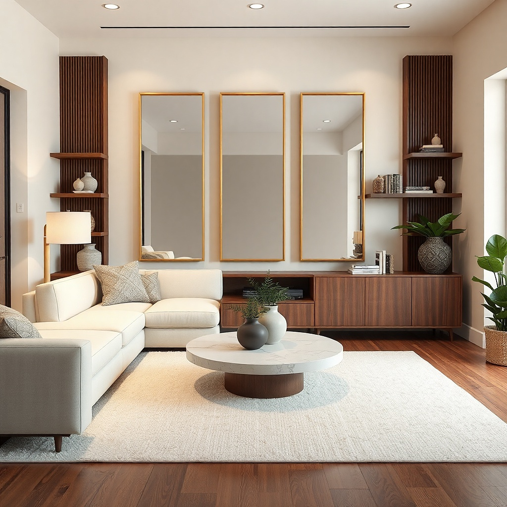 Thin-framed mirror panel on a living room wall